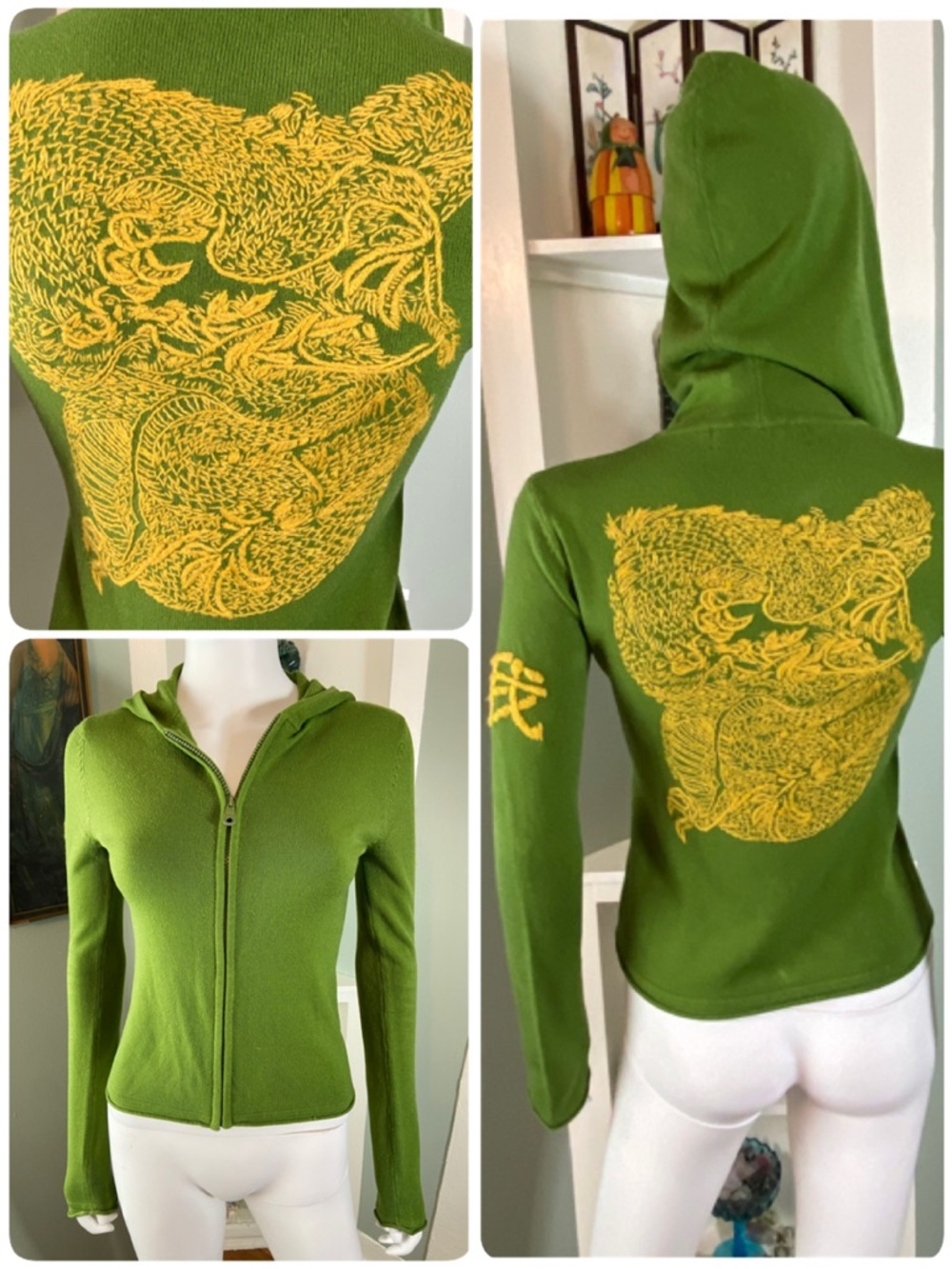 Vintage Y2K Sweet by Miss Me Cardigan Sweater Hand Embroidered Dragon Hooded